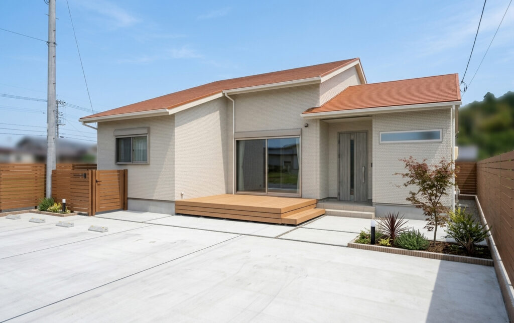 屋根の色がより映えるように考えられた外観の平屋です。津市にある緑豊かな土地なので、オレンジ屋根の可愛さが際立ちます。